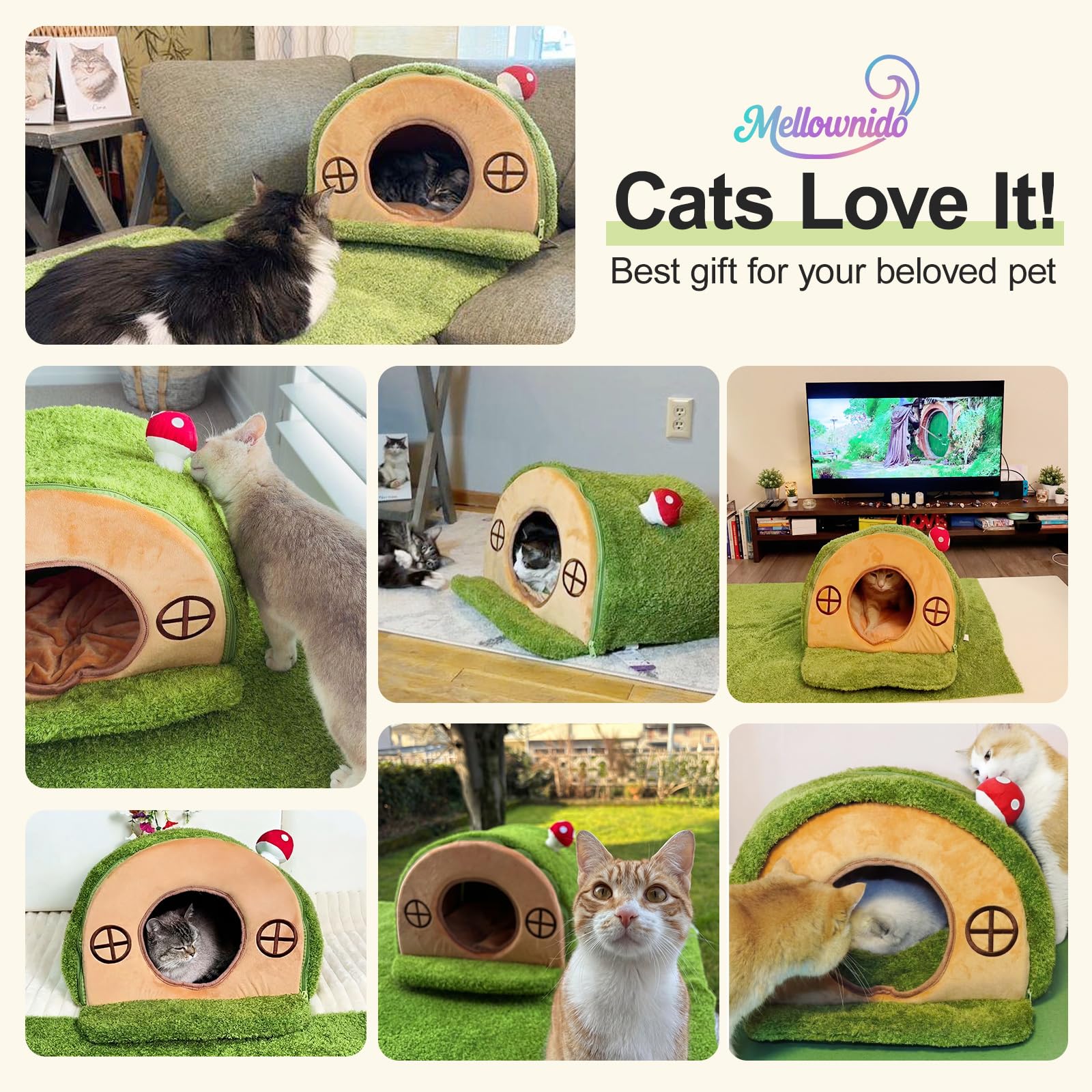 Mellownido Cat House mushroom bell toy adds playful stimulation inside the hideaway