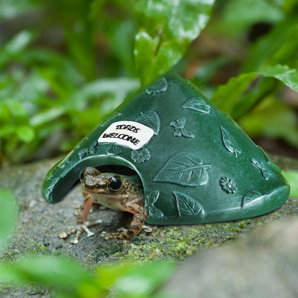 Memorywuu frog house blends with garden decor while inviting visitors.