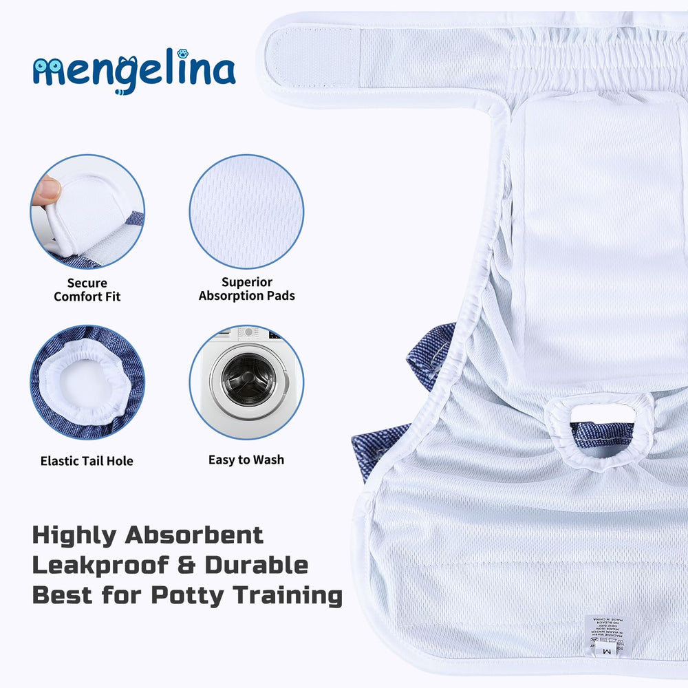 Mengelina dog diapers jeans sizes guide shows four fit options.