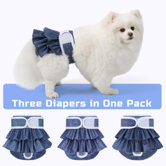 Mengelina dog diapers jeans worn by dog during walk demonstrates protection.