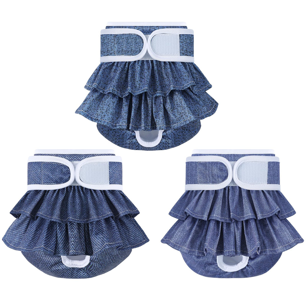Mengelina jeans X-Small reusable dog diaper worn on a small dog for period management.