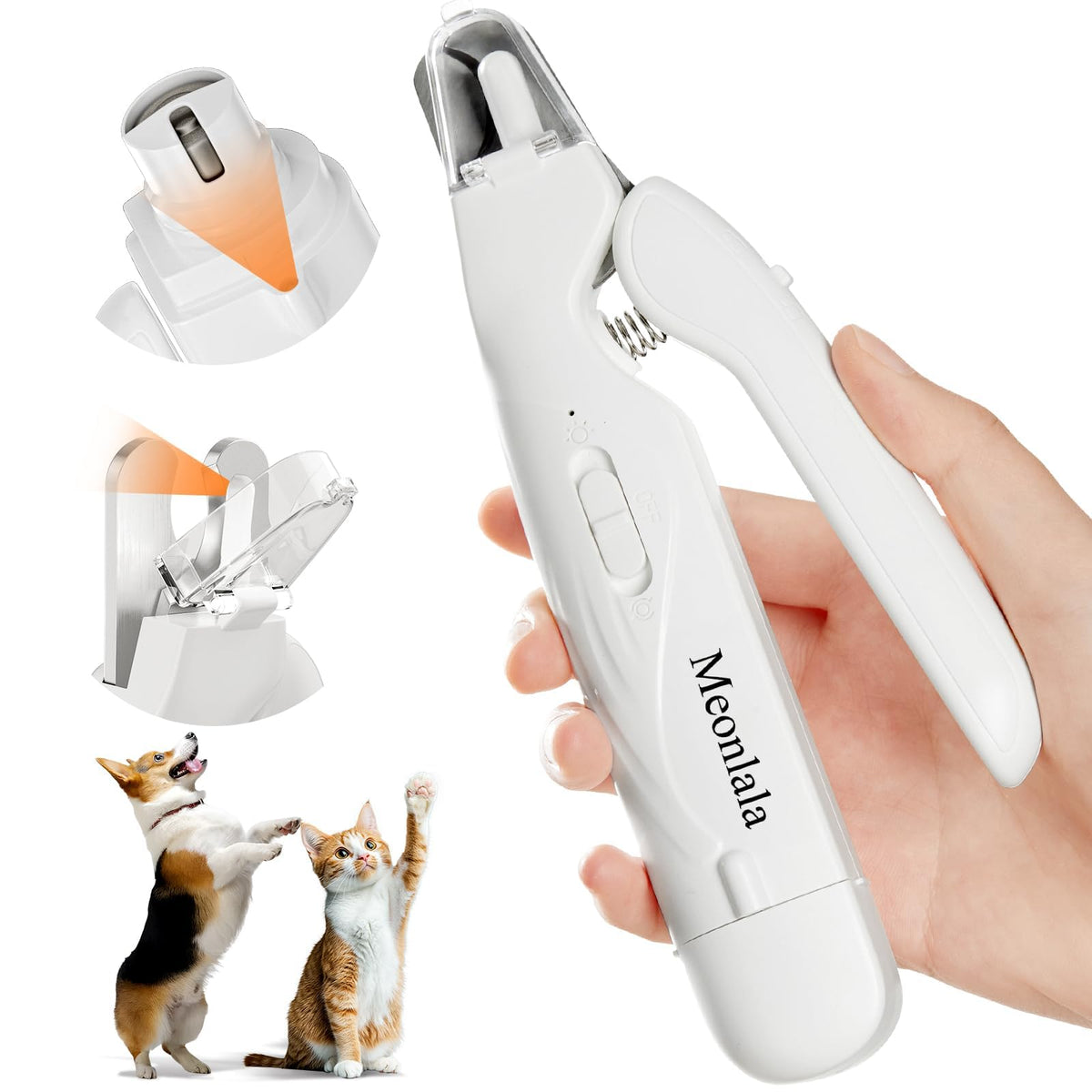 Meonlala 2-in-1 dog nail trimmer offers precise trimming for all sizes.