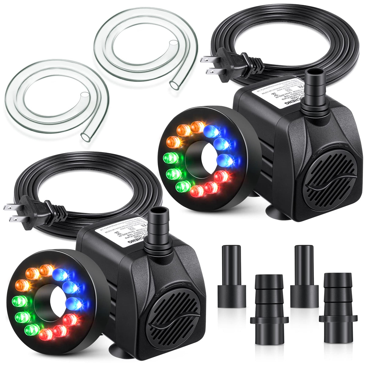 Meonum 2-pack 10W submersible pump with LEDs for night fountains