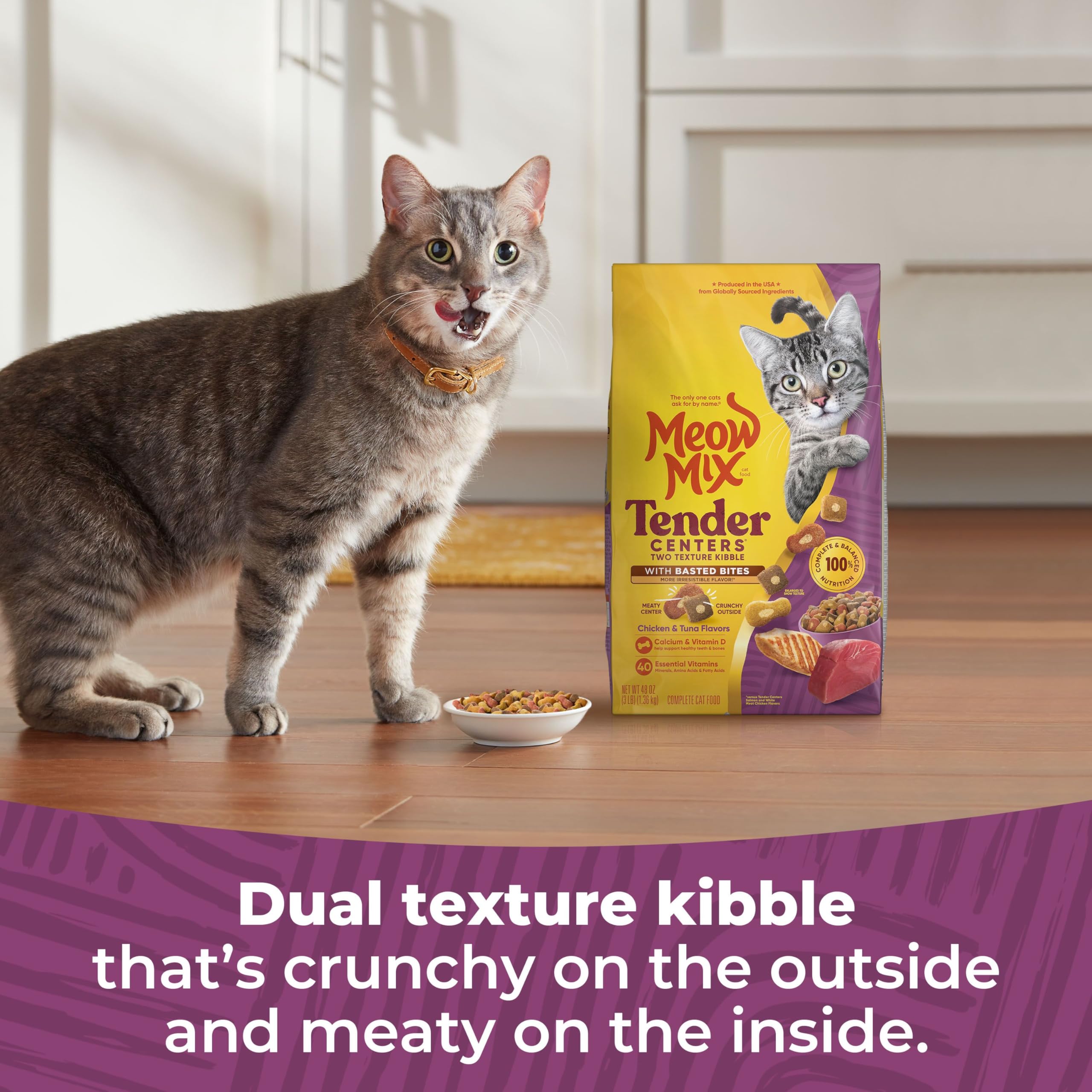 Cat enjoying a Meow Mix Tender Centers serving at mealtime showcasing balanced nutrition.