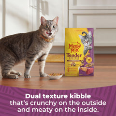 Cat enjoying a Meow Mix Tender Centers serving at mealtime showcasing balanced nutrition.