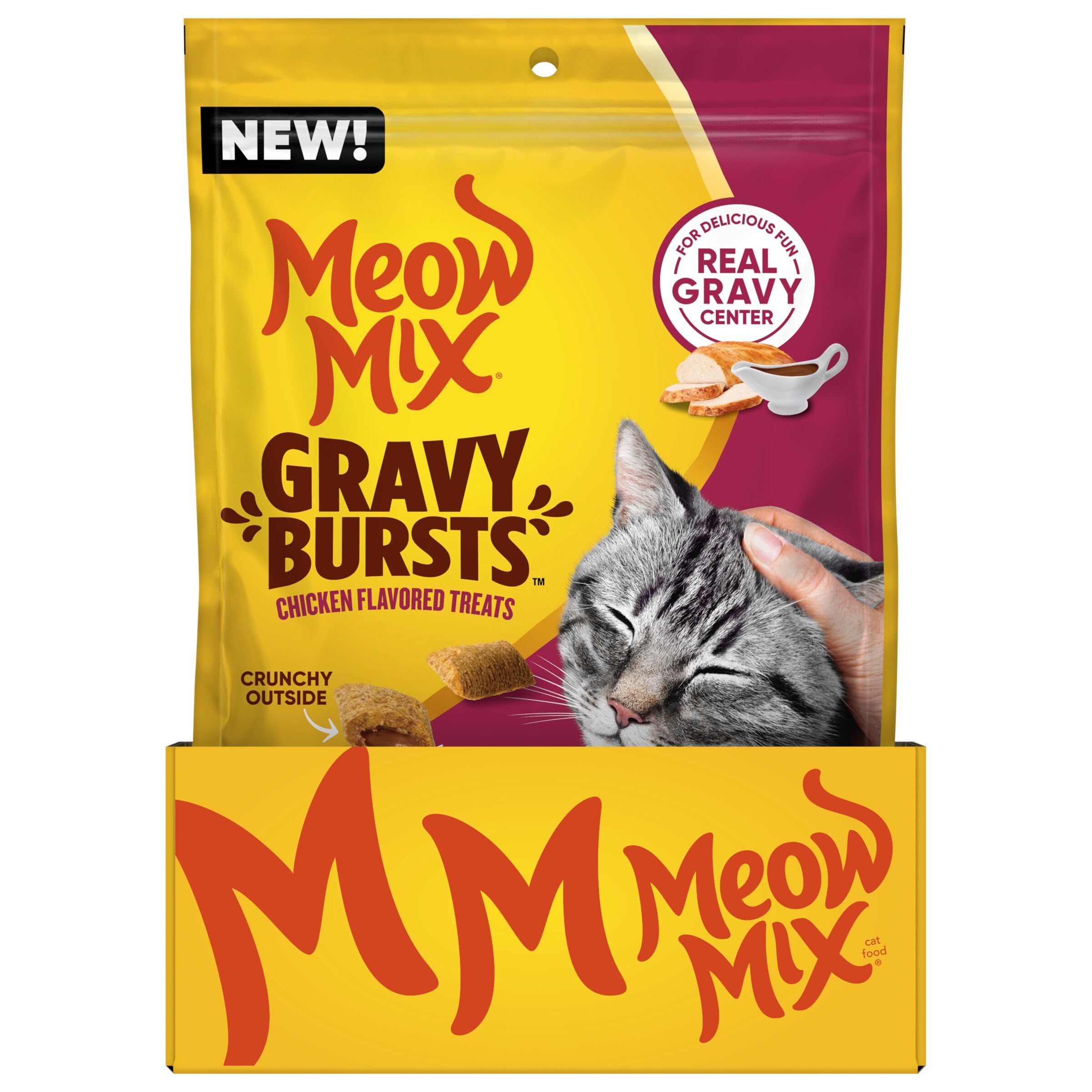 Meow Mix Gravy Bursts with taurine and omega-6 for balanced nutrition.