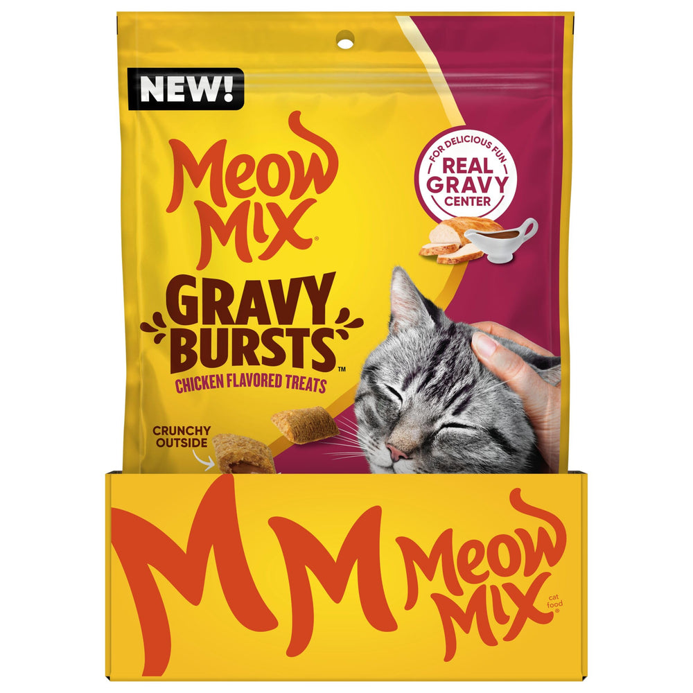 Meow Mix Gravy Bursts with taurine and omega-6 for balanced nutrition.