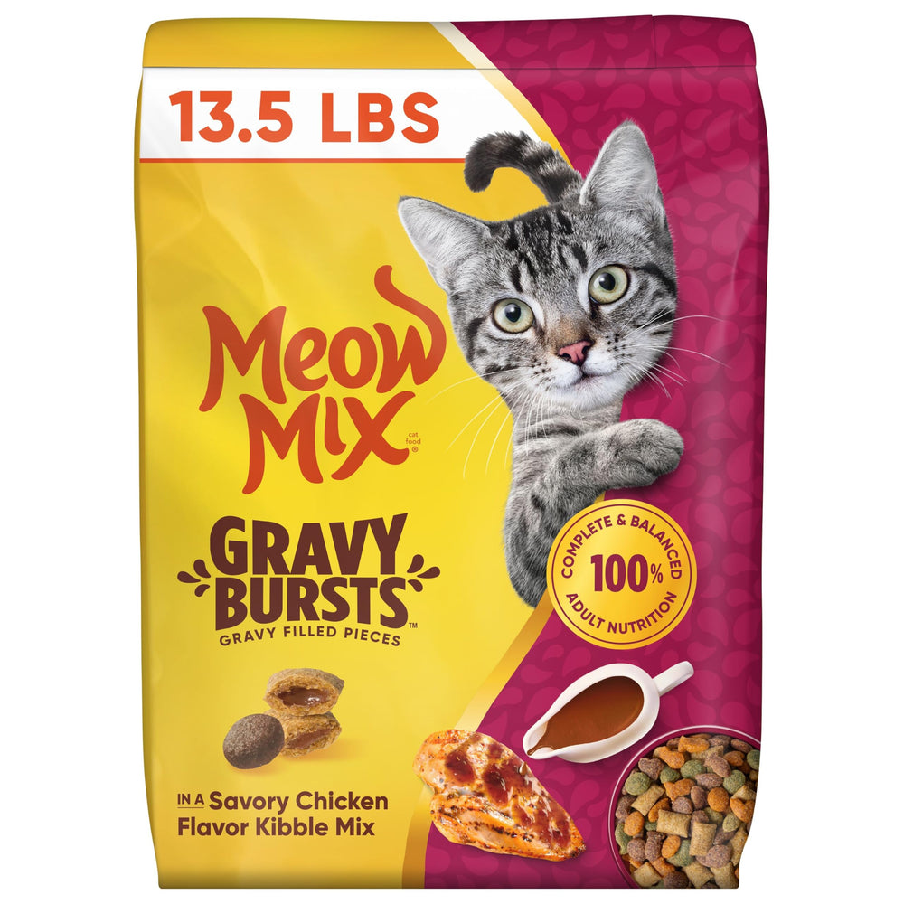 Meow Mix Gravy Bursts bag front shows 13.5 lb size for easy feeding