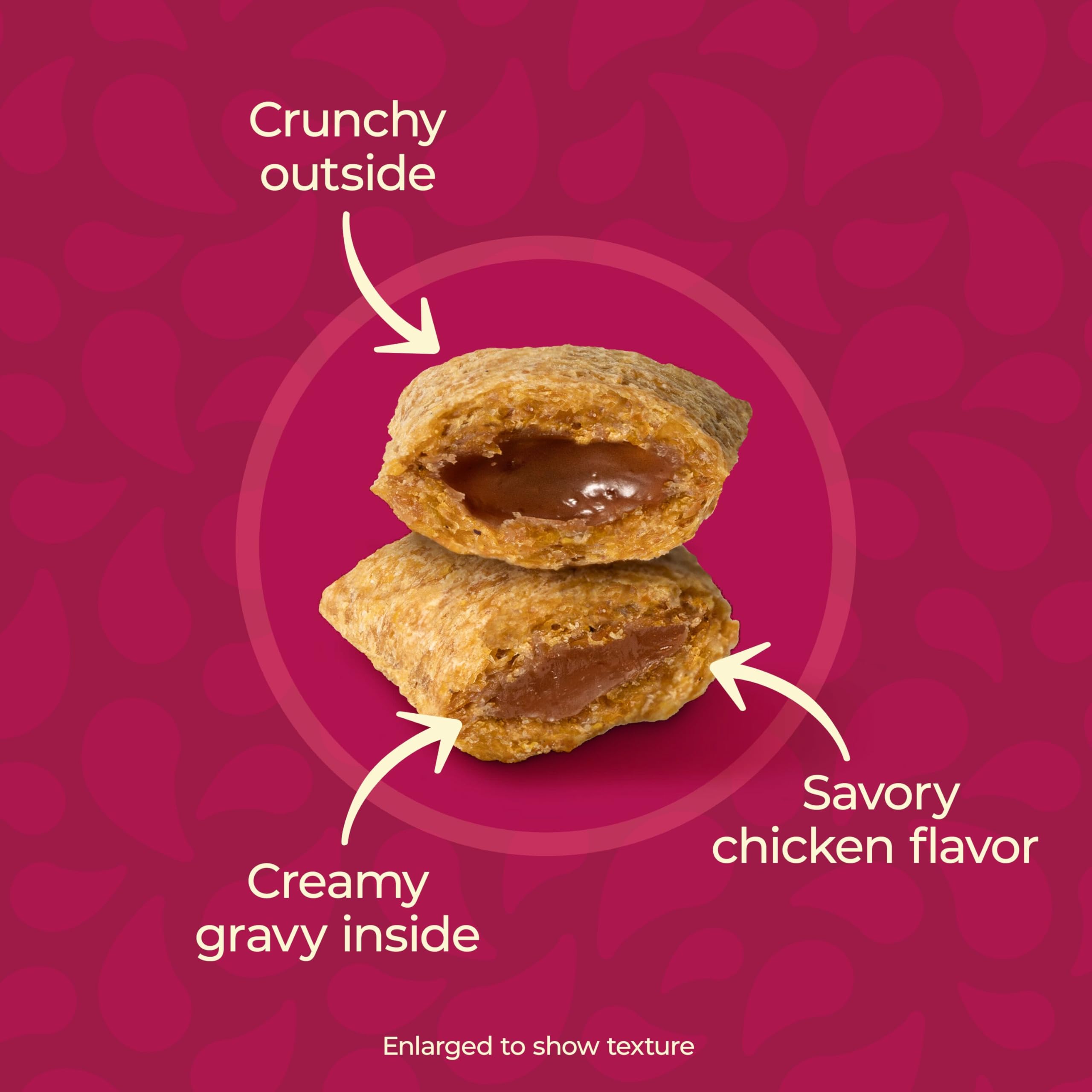 Meow Mix Gravy Bursts crunchy exterior with gravy inside, a tasty texture for adult cats.
