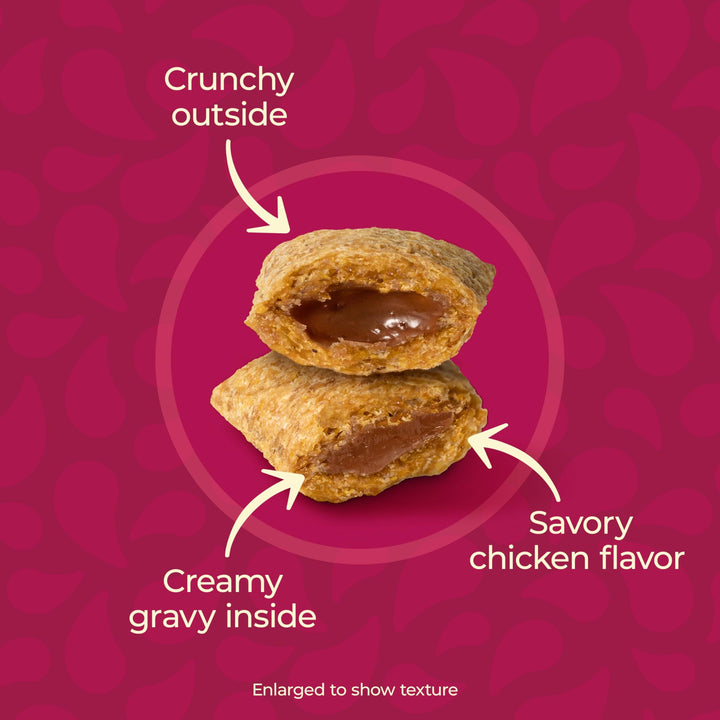 Meow Mix Gravy Bursts crunchy exterior with gravy inside, a tasty texture for adult cats.