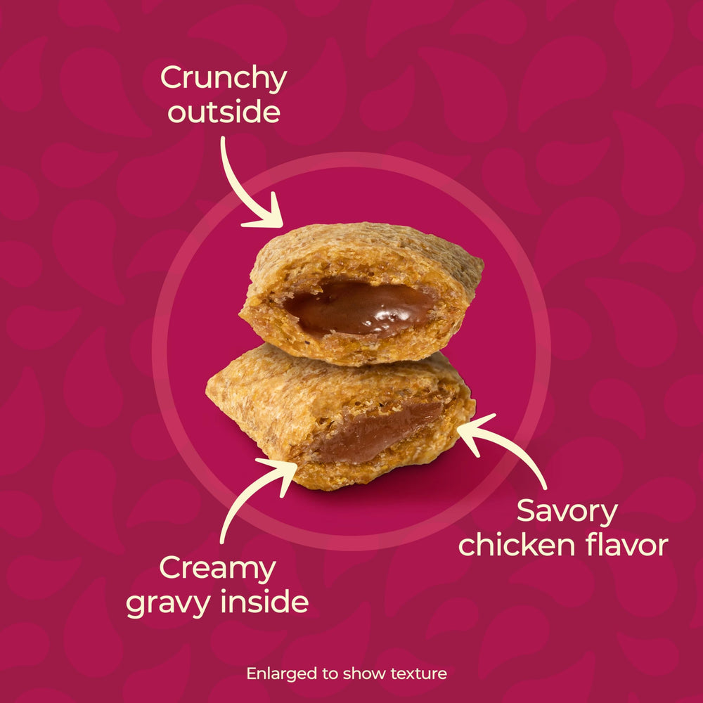 Meow Mix Gravy Bursts crunchy exterior with gravy inside, a tasty texture for adult cats.