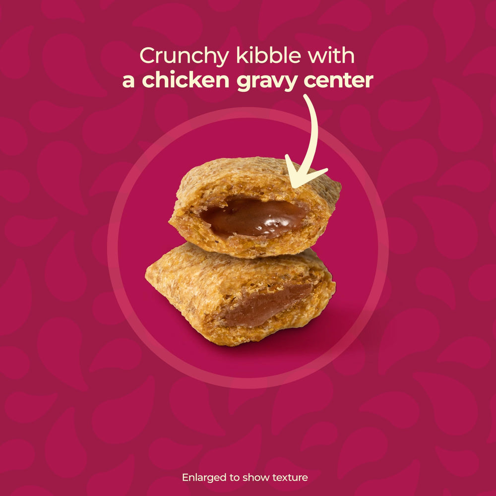 Close-up of gravy-filled pockets in Meow Mix Gravy Bursts, tasty texture