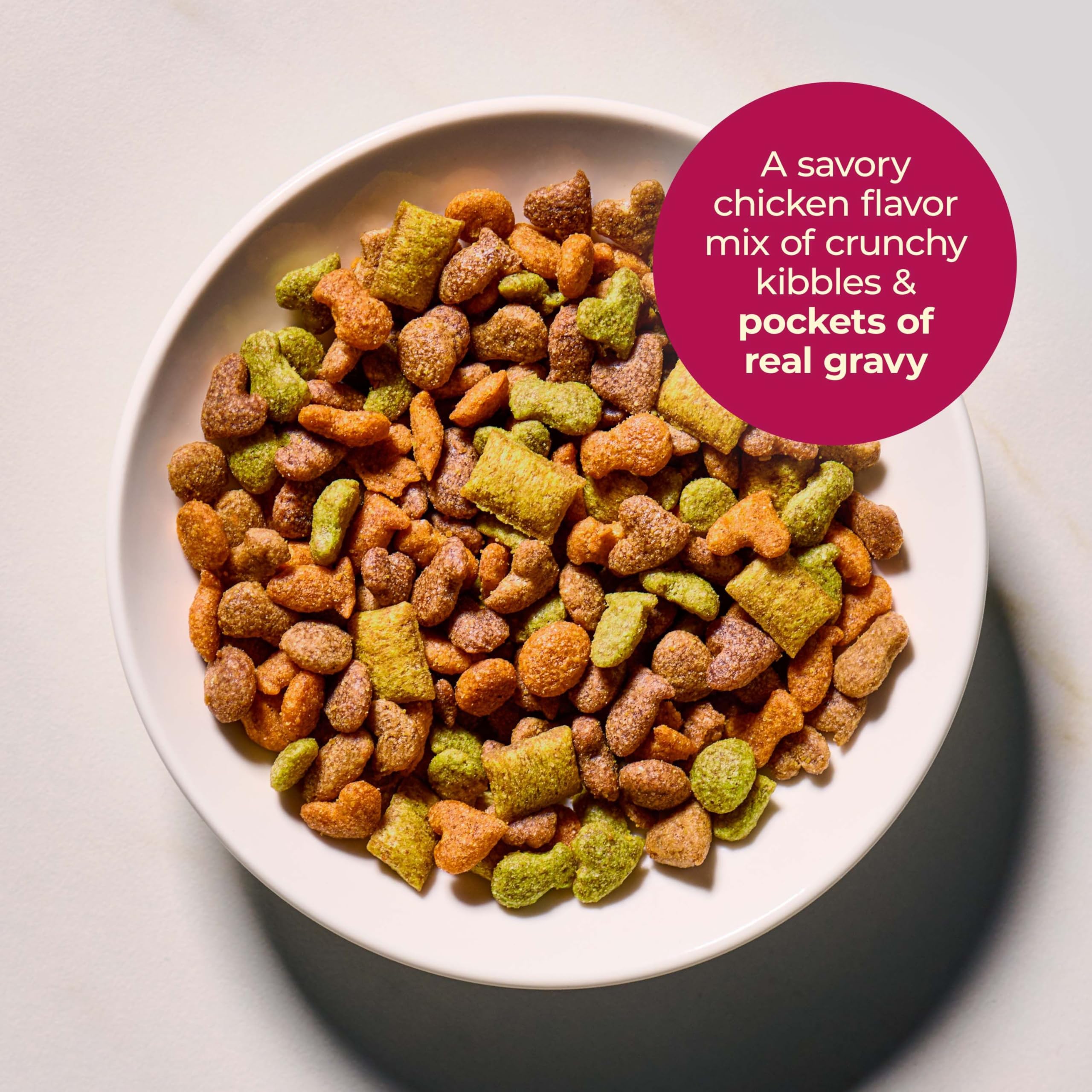 USA-made Meow Mix Gravy Bursts ingredients label close-up, quality ingredients