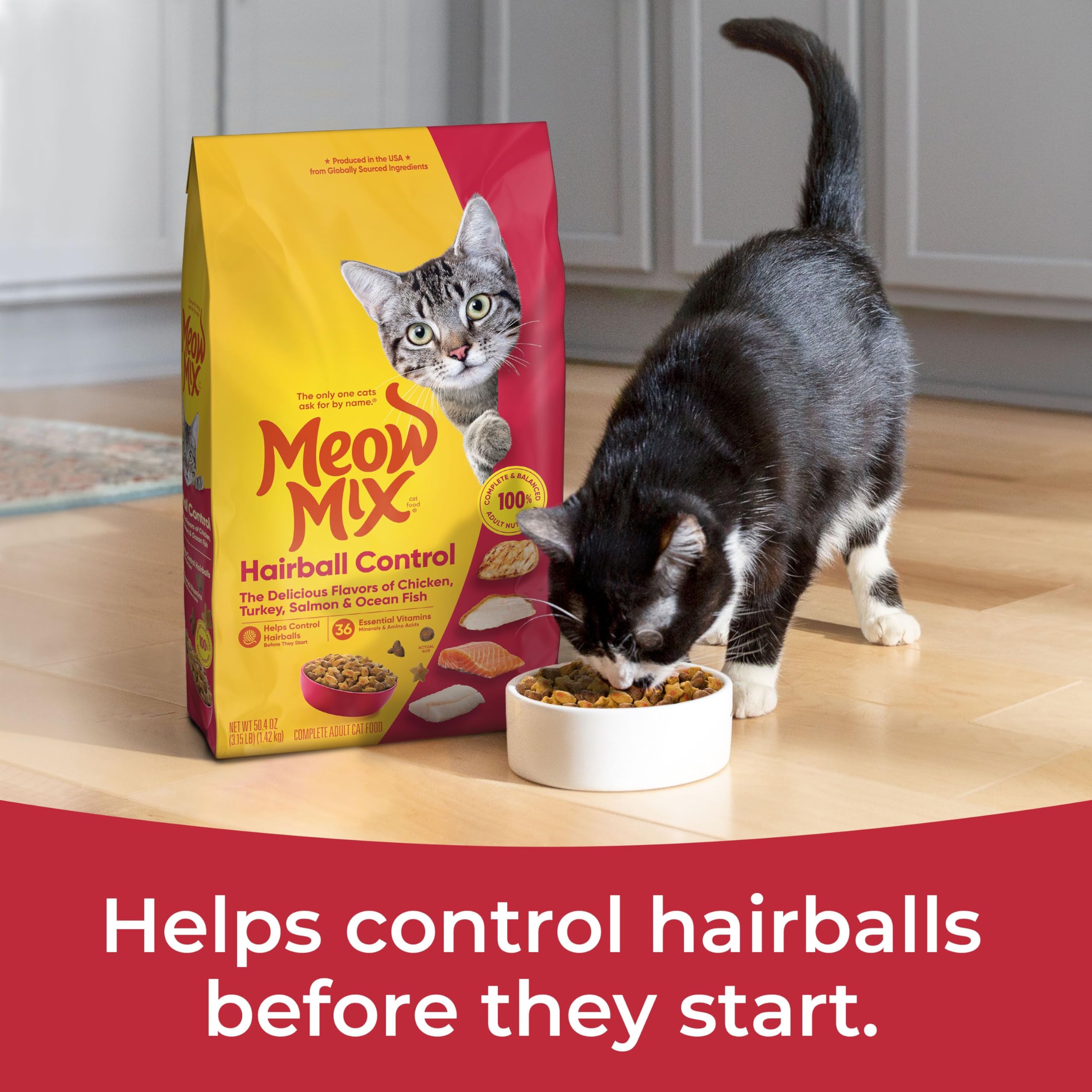 Meow Mix Hairball Control four-pack bags on display for convenient daily feeding
