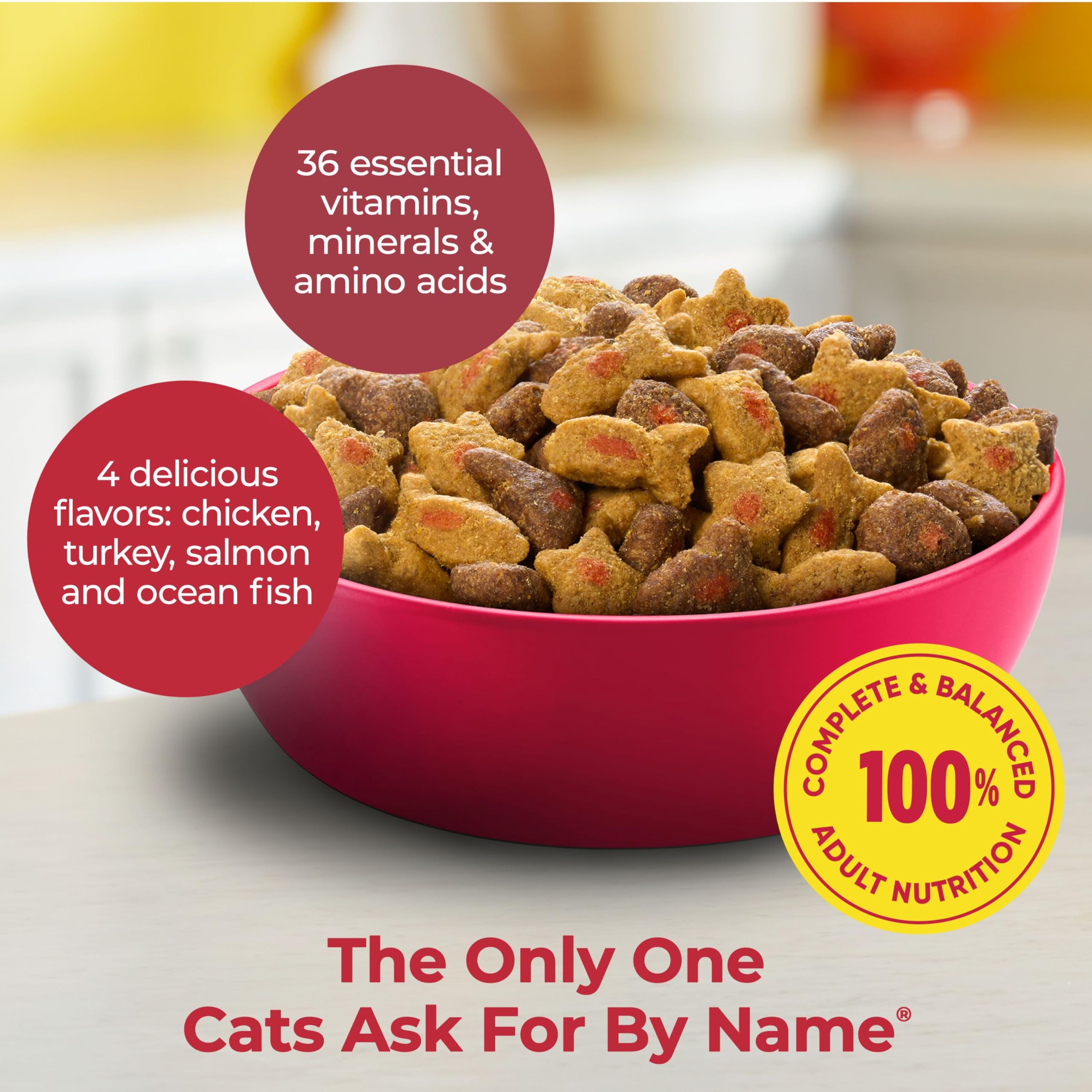 Meow Mix Hairball Control kibble close-up showing bite-size pieces cats enjoy