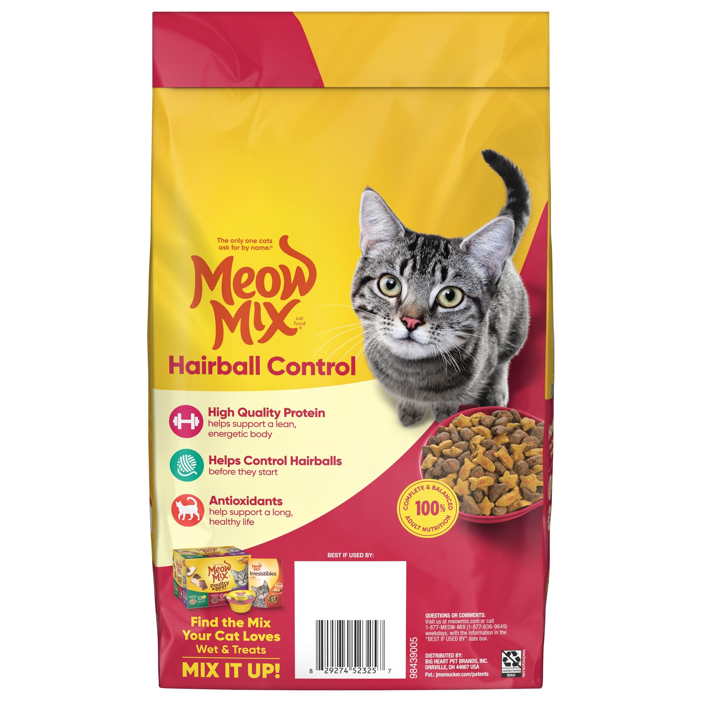 Meow Mix Hairball Control packaging notes USA-made quality