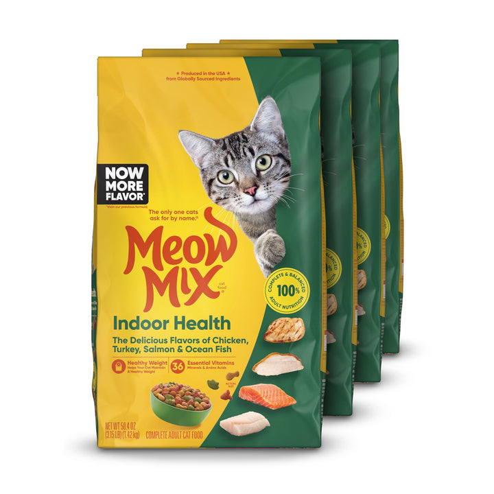 Meow Mix Indoor Health dry cat food bag front showing four-pack for adult indoor cats