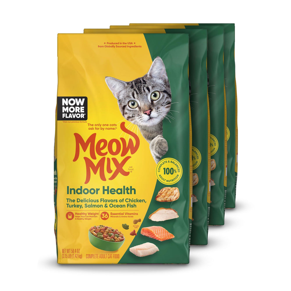 Meow Mix Indoor Health dry cat food bag front showing four-pack for adult indoor cats