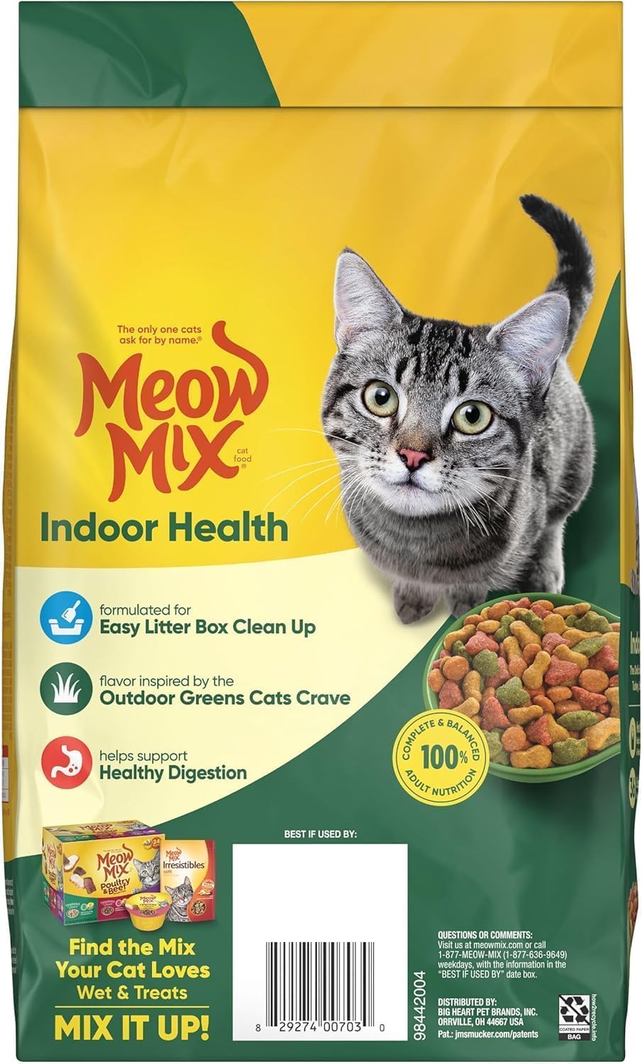 Meow Mix Indoor Health packaging badge emphasizes USA-sourced ingredients