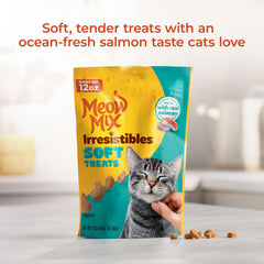 Meow Mix Irresistibles real salmon treats shown with easy-close packaging for training rewards.