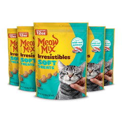 Meow Mix Irresistibles soft cat treats with real salmon in a resealable pouch for freshness.