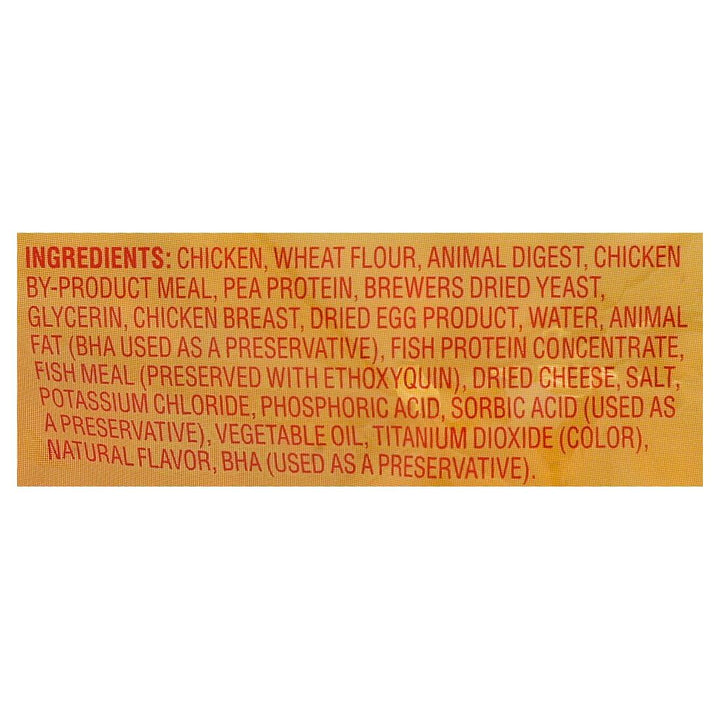 Meow Mix Irresistibles soft chicken treat close-up highlights tender texture.