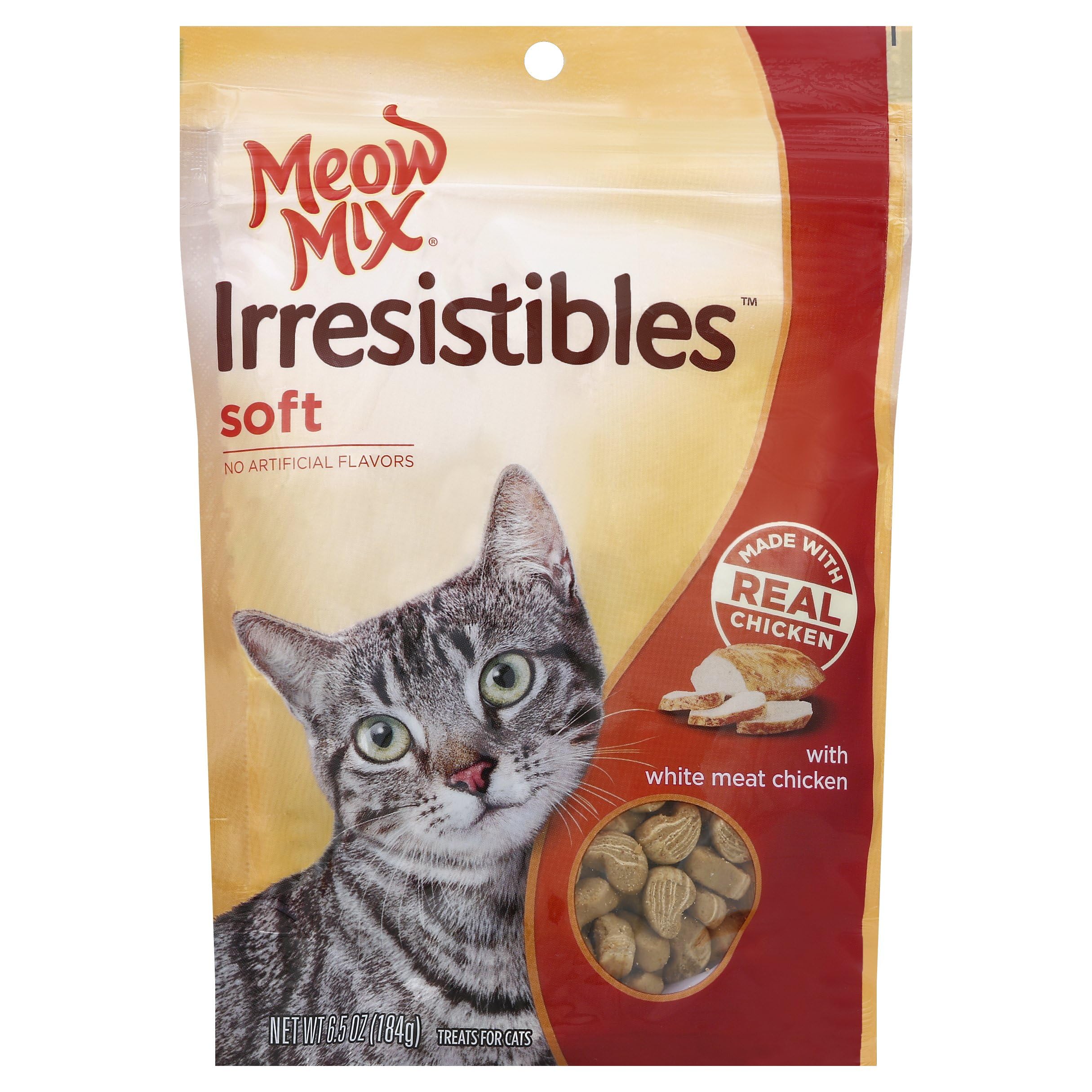 Meow Mix Irresistibles soft chicken treat pouch shows resealable packaging for freshness.
