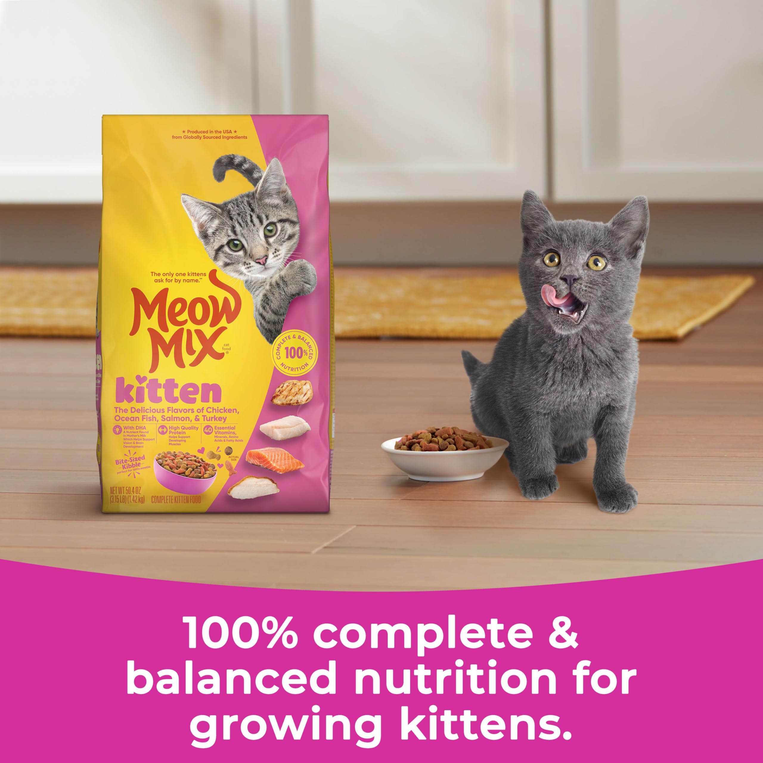 Meow Mix Kitten Li’l Nibbles chicken flavor kibble in bowl for curious kittens.