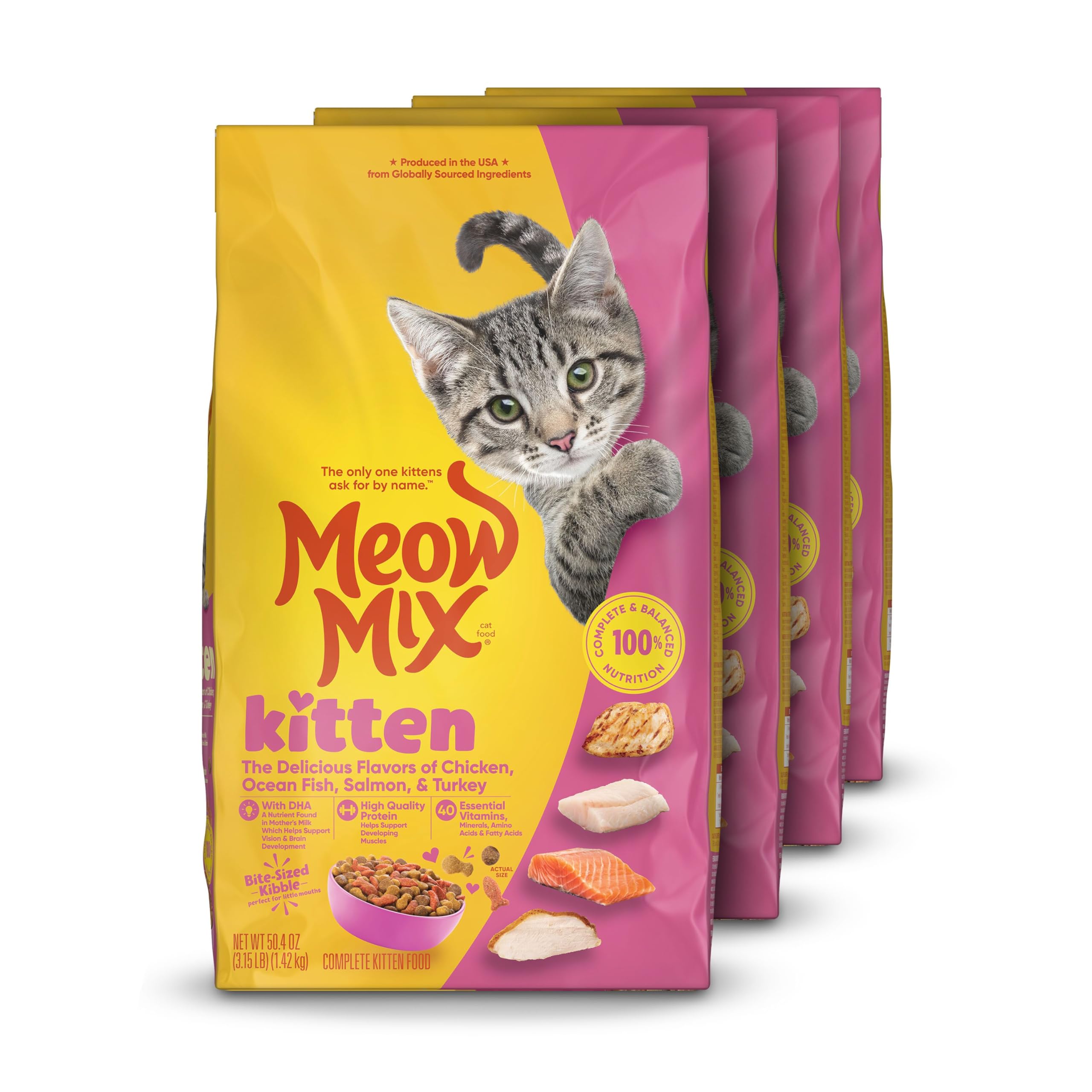 Meow Mix Kitten Li’l Nibbles packaging with new look, easy storage.