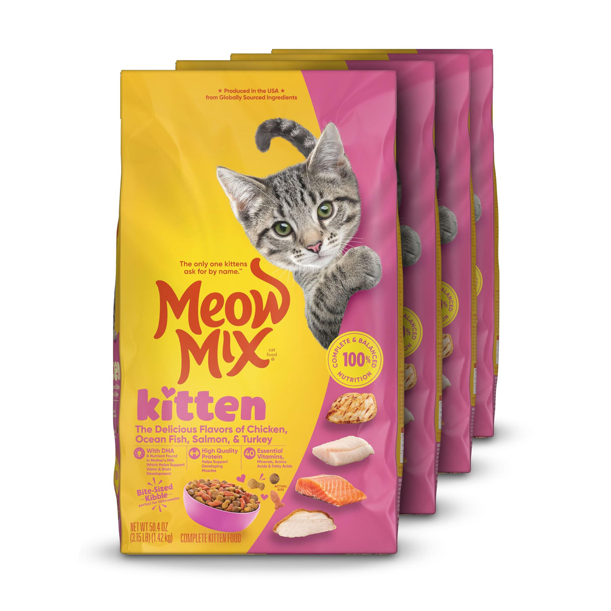 Meow Mix Kitten Li’l Nibbles packaging with new look, easy storage.