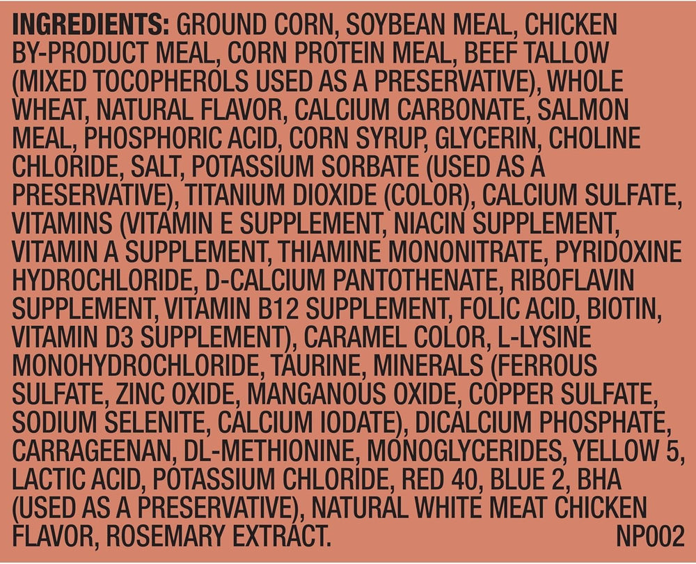 Meow Mix nutrition label displayed, balanced daily nutrients for adult cats.