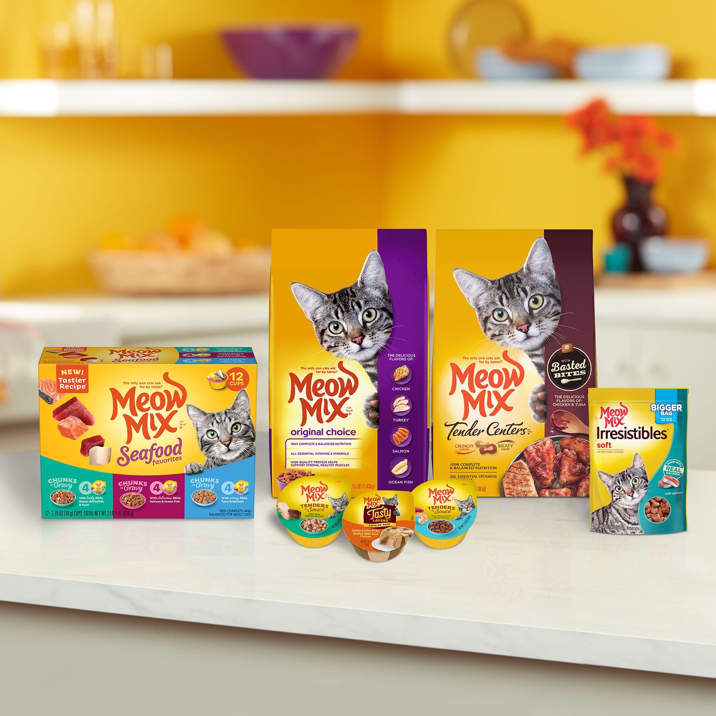 Meow Mix Original Choice adult cat enjoying kibble during daytime snack.