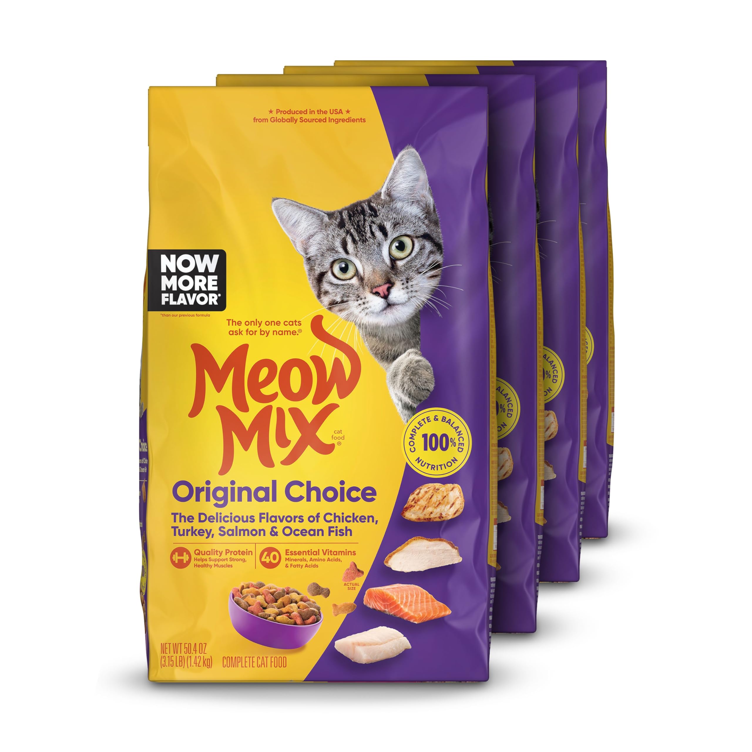 Meow Mix Original Choice bag packaging showing four 3.15-lb bags for daily balanced feeding.