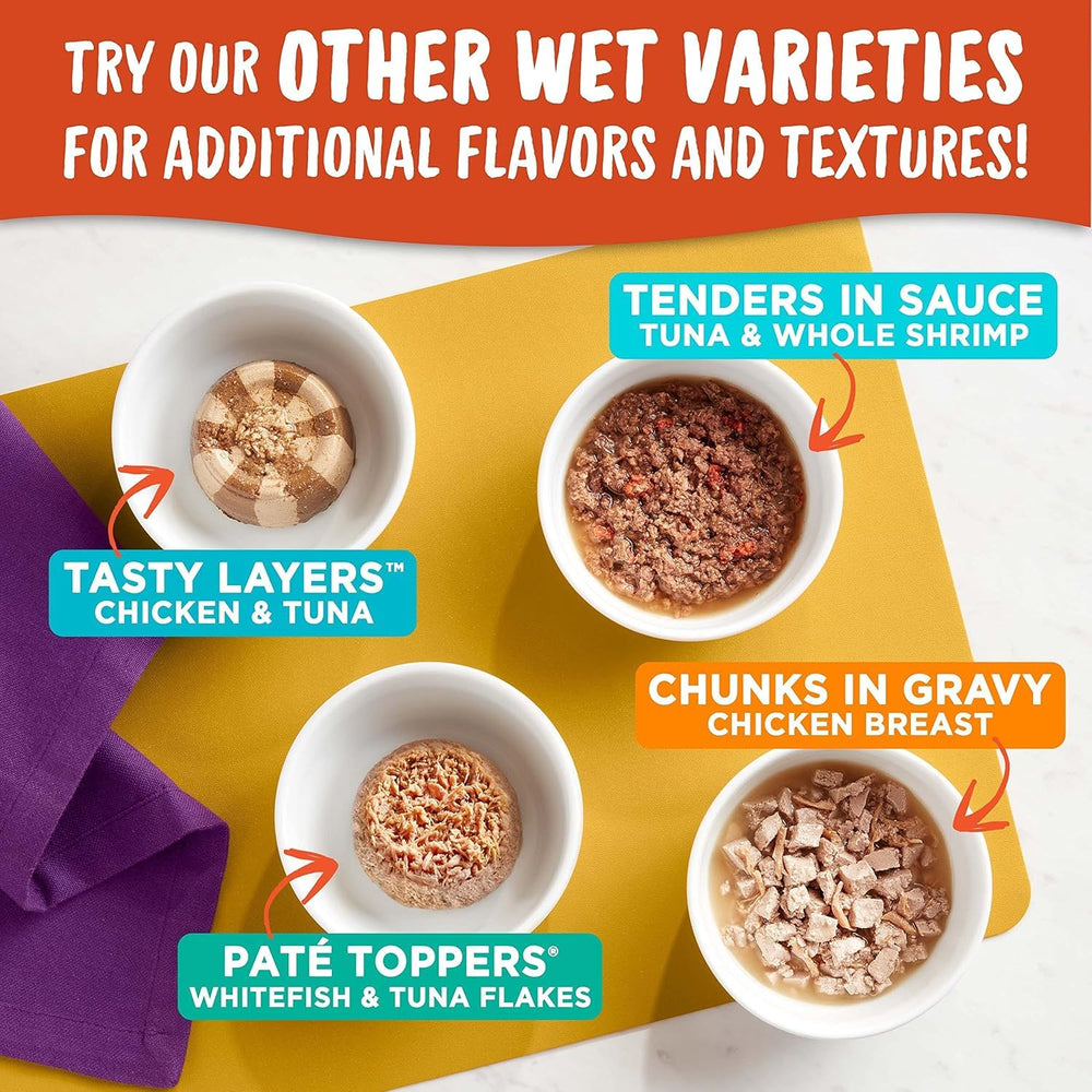Close-up of Meow Mix 2.75 oz cups with peel-off lids.