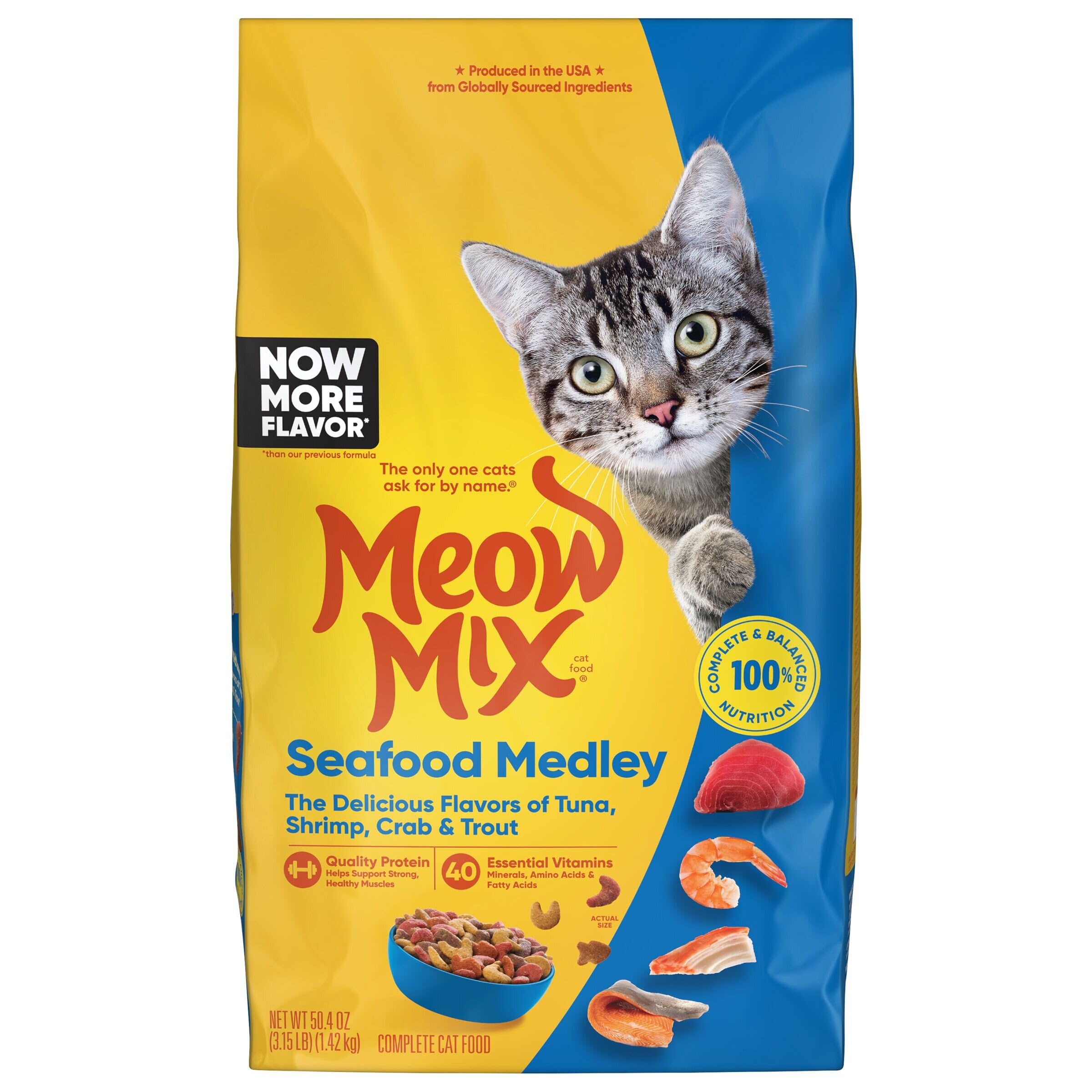 Meow Mix Seafood Medley bag front, convenient daily meals.