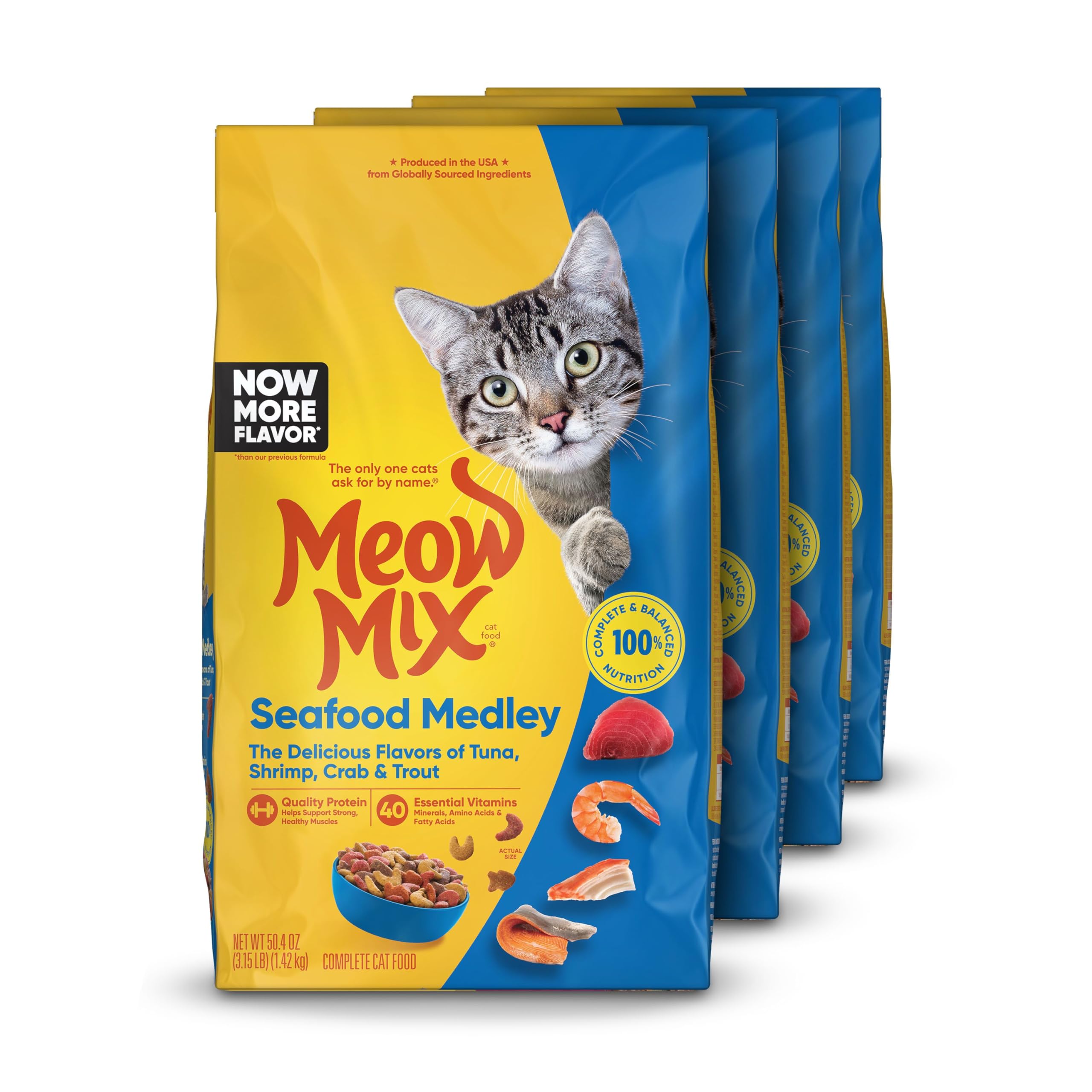 Meow Mix Seafood Medley dry cat food bags, four 3.15-lb packs, simplify weekly feeding.