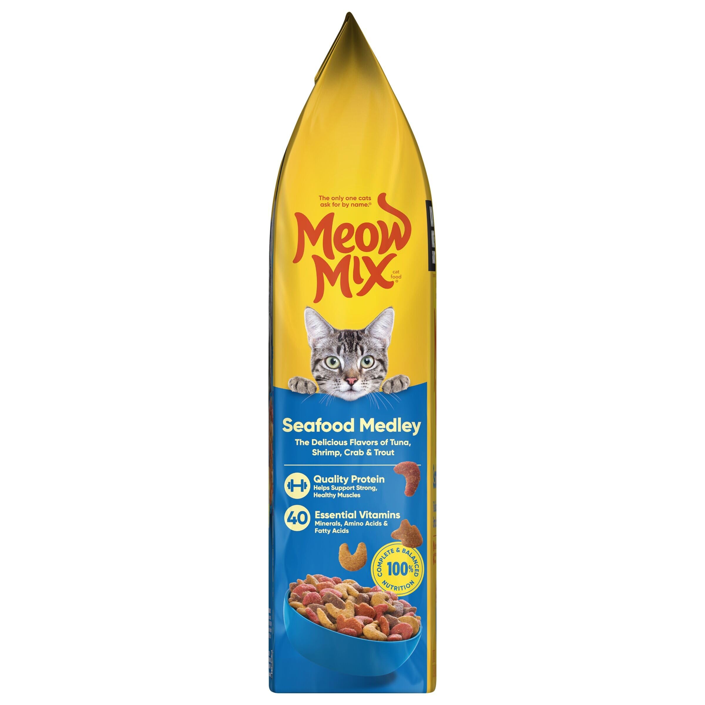 Meow Mix Seafood Medley ingredient list highlights tuna and shrimp.