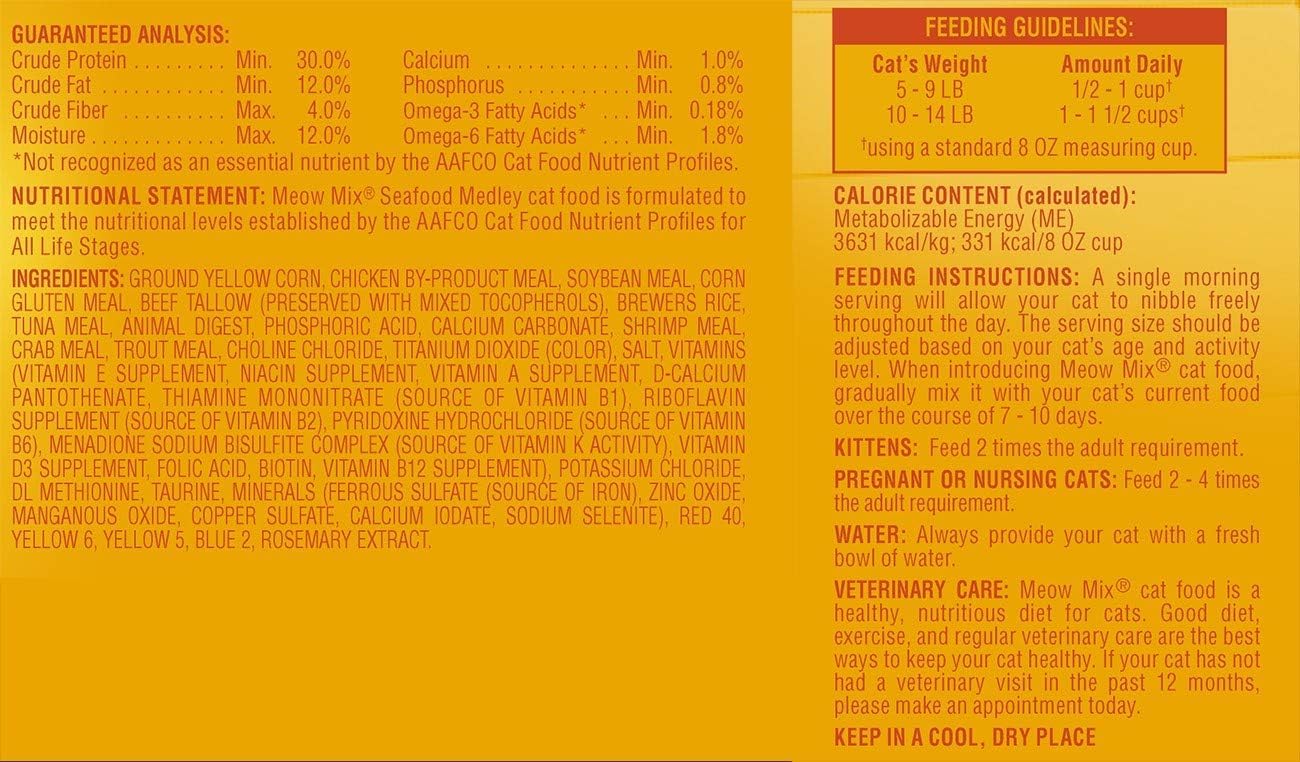 Meow Mix Seafood Medley ingredients label, noting high-quality protein and seafood flavors.