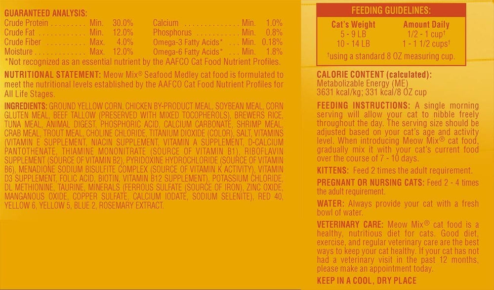 Meow Mix Seafood Medley ingredients label, noting high-quality protein and seafood flavors.