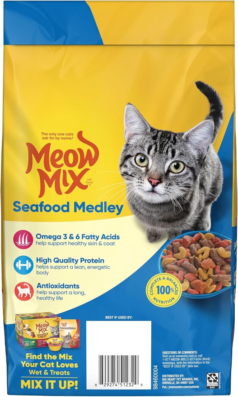 Meow Mix Seafood Medley packaging on shelf, made in the USA with global ingredients.