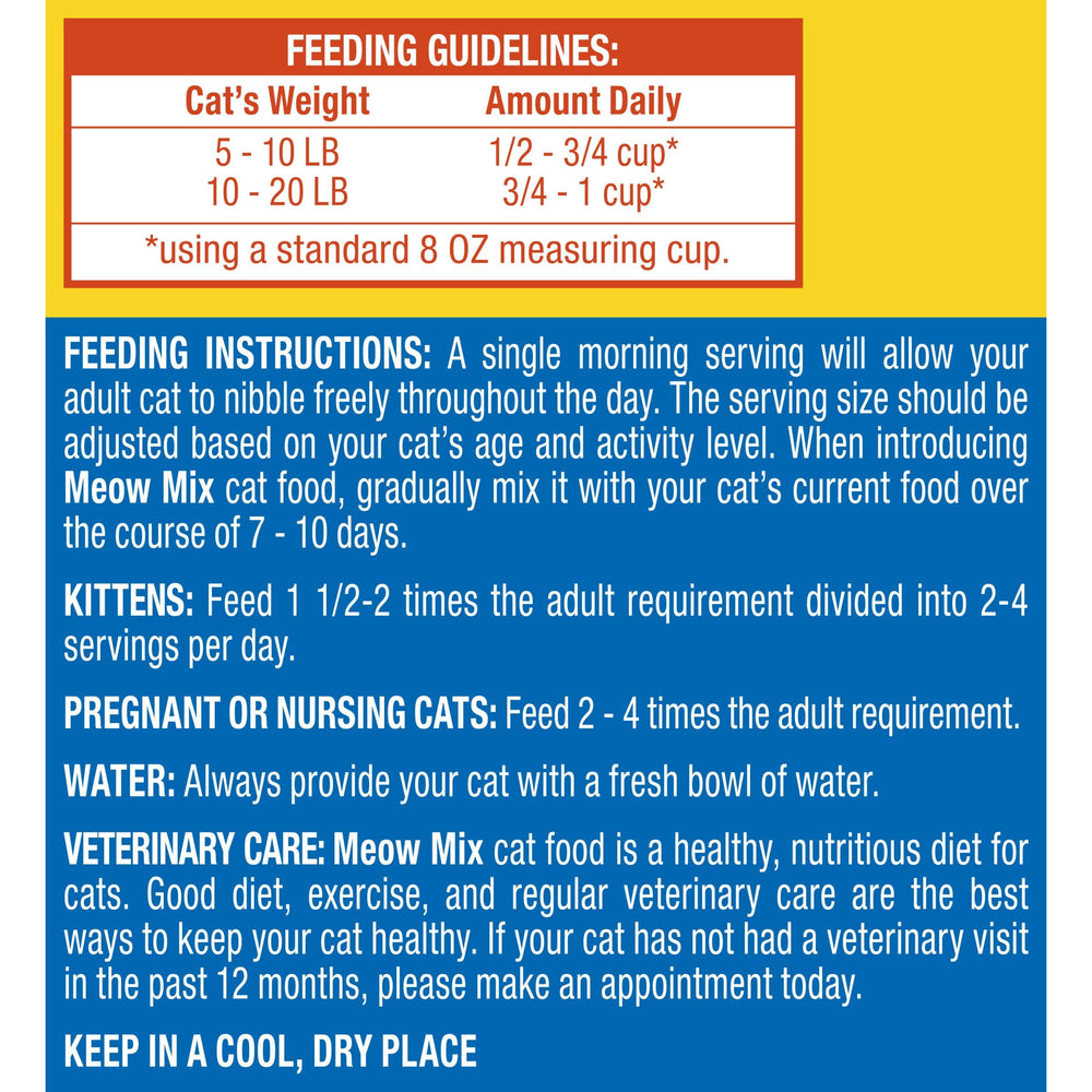 Meow Mix Seafood Medley unopened bag, convenient storage for daily feeding routine.
