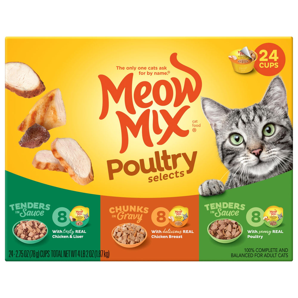 Meow Mix variety pack cups on shelf ready to serve 24-pack