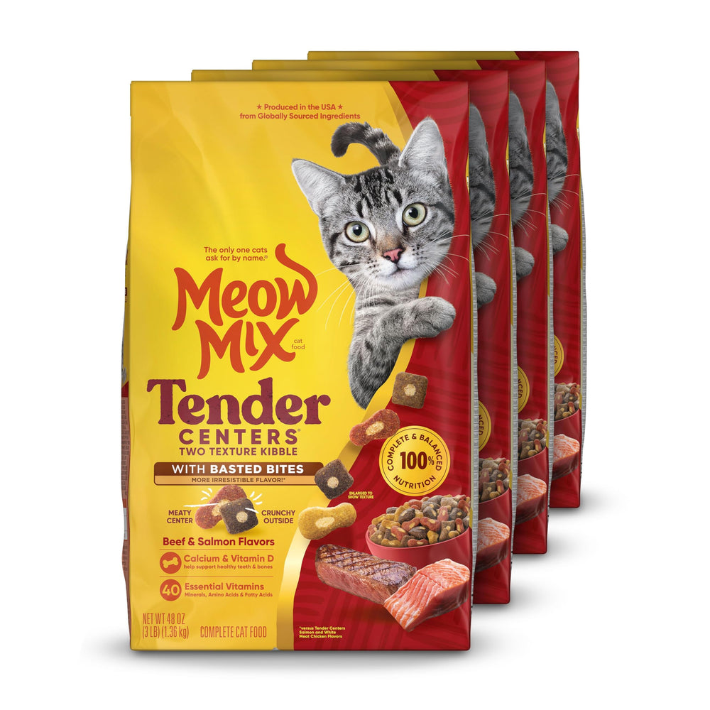 Meow Mix Tender Centers bag with Basted Bites offers convenient multi-bag nutrition.