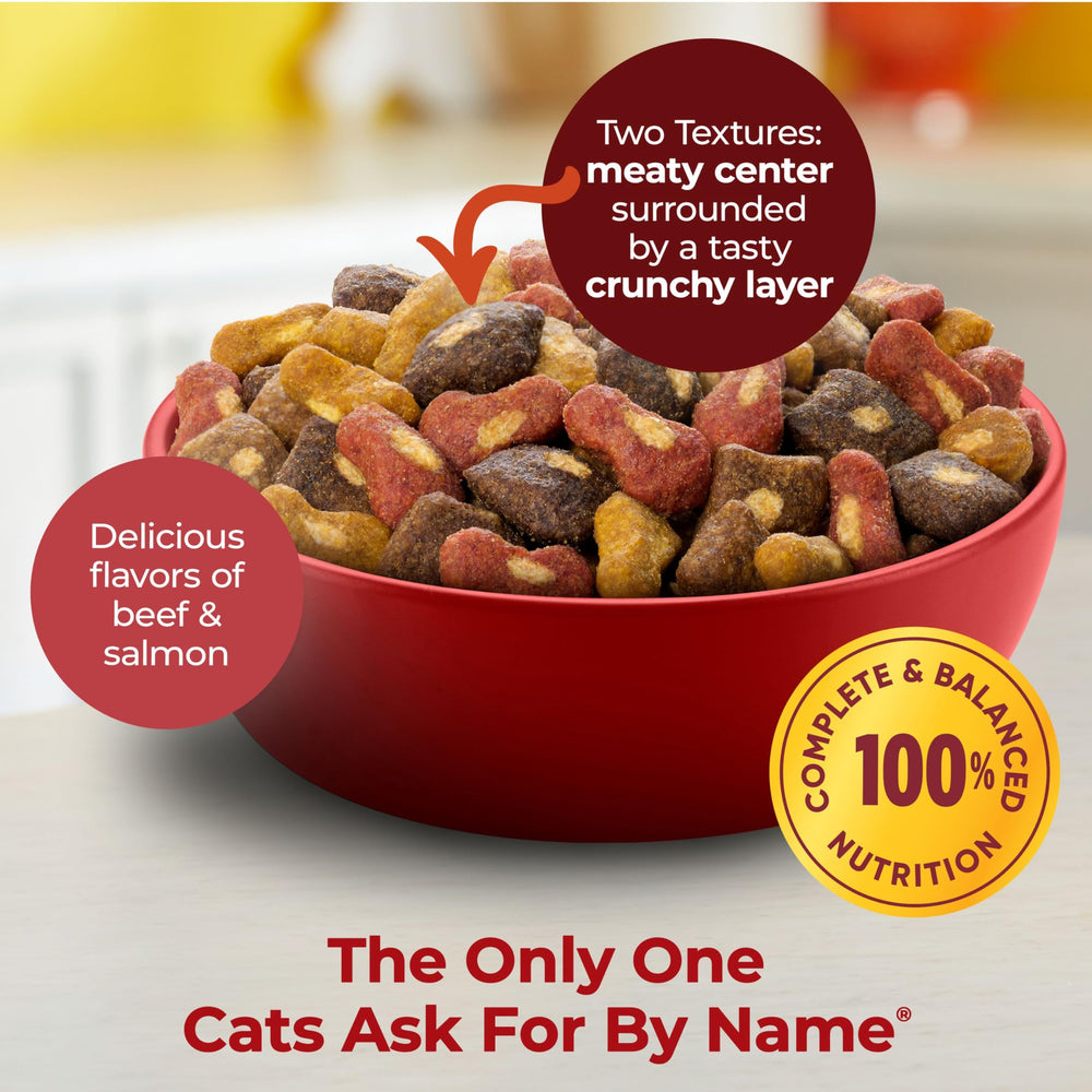 Meow Mix Tender Centers salmon flavor kibble, protein-rich feeding variety.