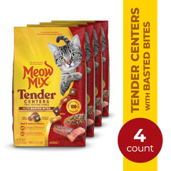 Meow Mix Tender Centers two-texture kibble close-up shows center bite and crunchy shell.