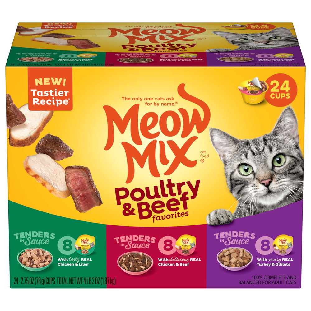 Meow Mix Tender Favorites Poultry & Beef variety pack cups ready for meals
