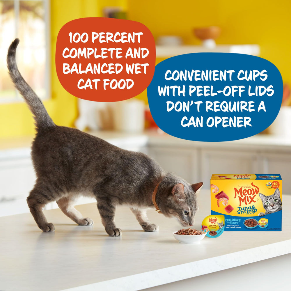 Meow Mix Tender Favorites real-tuna-shrimp-sauce: savory flavor enriched with vitamins.