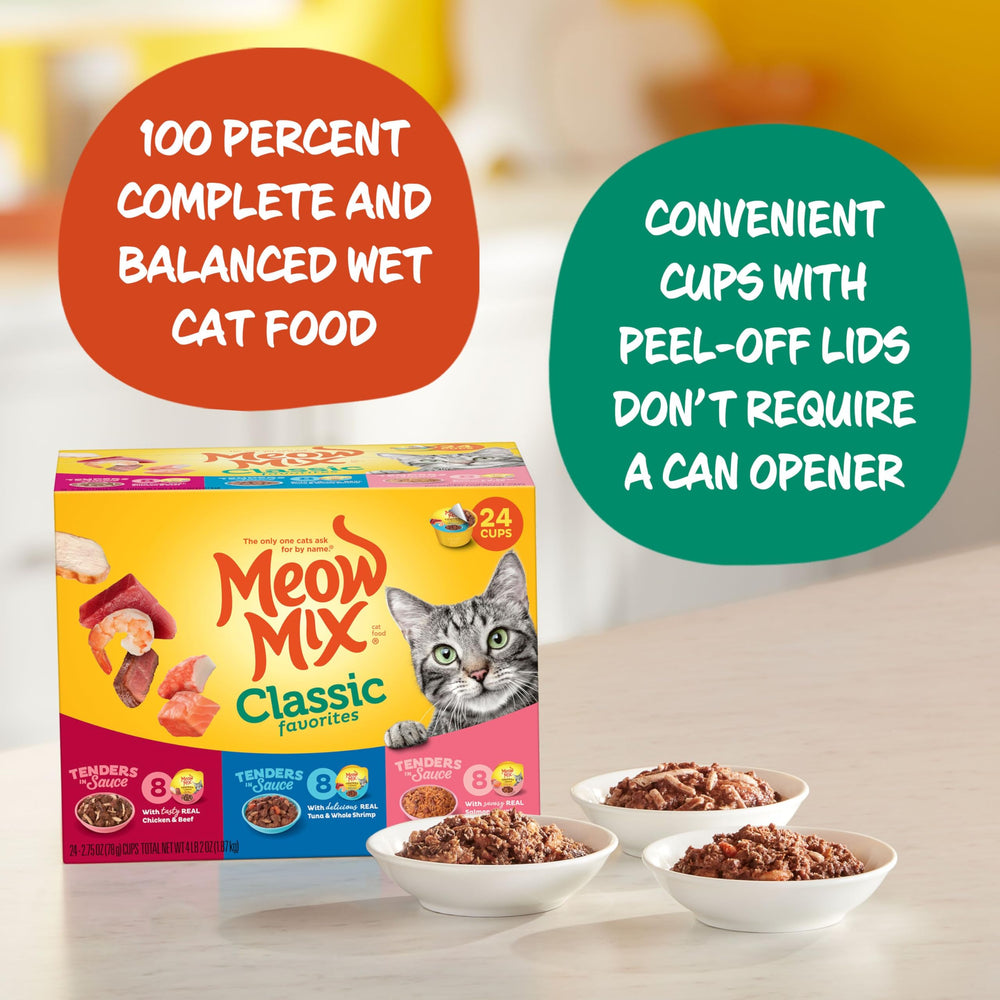 Meow Mix chicken and beef cup in sauce for variety.