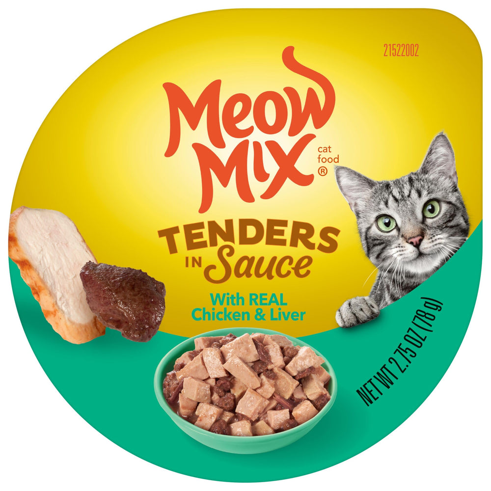 Meow Mix Tenders in Sauce chicken beef cup highlighting real meat flavors in sauce.