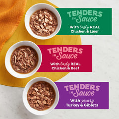 Meow Mix Tender Favorites chicken beef cup with savory sauce